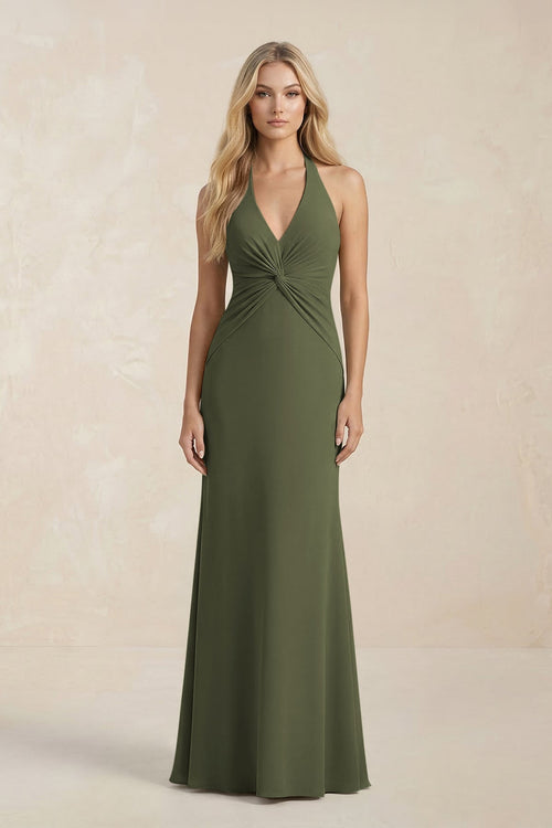 Ruched V - Neck Sheath Bridesmaid Dress With Bow in Willow Green - KISS BRIDAL Bridesmaid Dresses