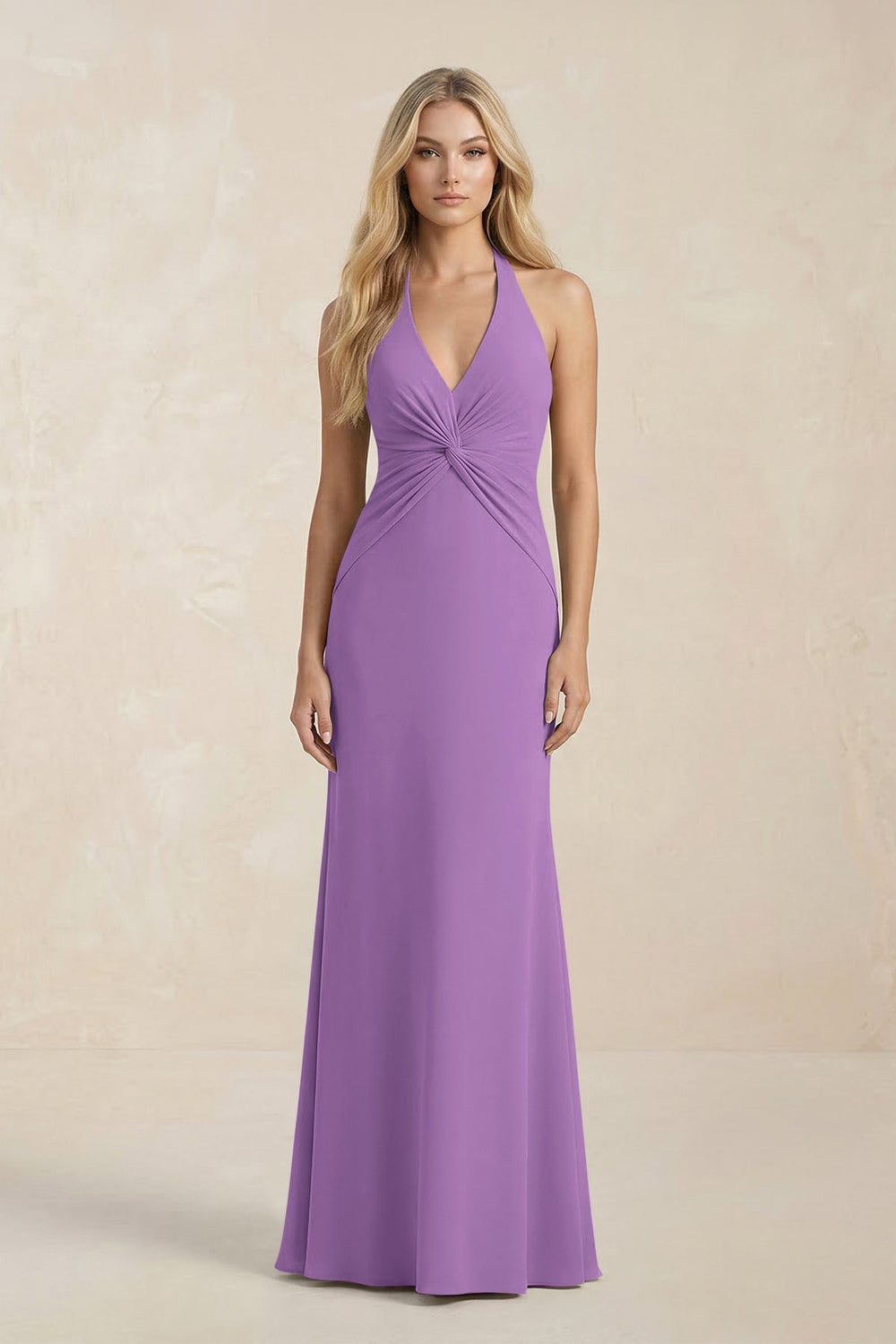 Ruched V - Neck Sheath Bridesmaid Dress With Bow in Wisteria - KISS BRIDAL Bridesmaid Dresses