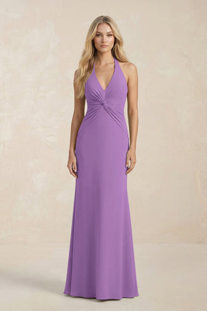 Ruched V - Neck Sheath Bridesmaid Dress With Bow in Wisteria - KISS BRIDAL Bridesmaid Dresses