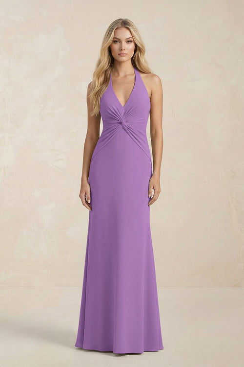 Ruched V - Neck Sheath Bridesmaid Dress With Bow in Wisteria - KISS BRIDAL Bridesmaid Dresses