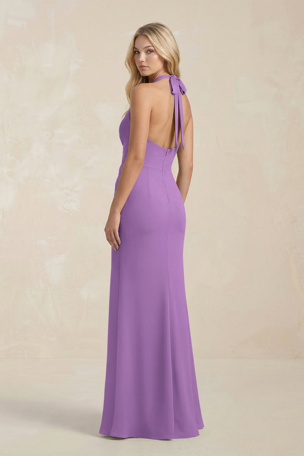 Ruched V - Neck Sheath Bridesmaid Dress With Bow in Wisteria - KISS BRIDAL Bridesmaid Dresses
