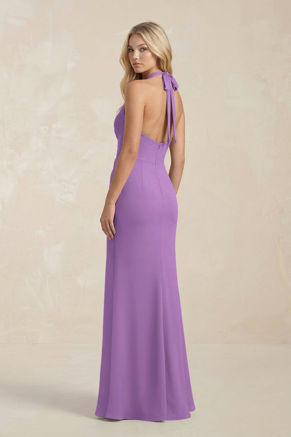 Ruched V - Neck Sheath Bridesmaid Dress With Bow in Wisteria - KISS BRIDAL Bridesmaid Dresses