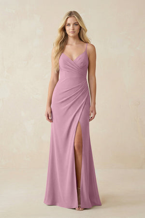 Ruched Sheath Spaghetti Strap Chiffon Bridesmaid Dress in Vintage Mauve - SHE IS ME BRIDESMAID DRESSES