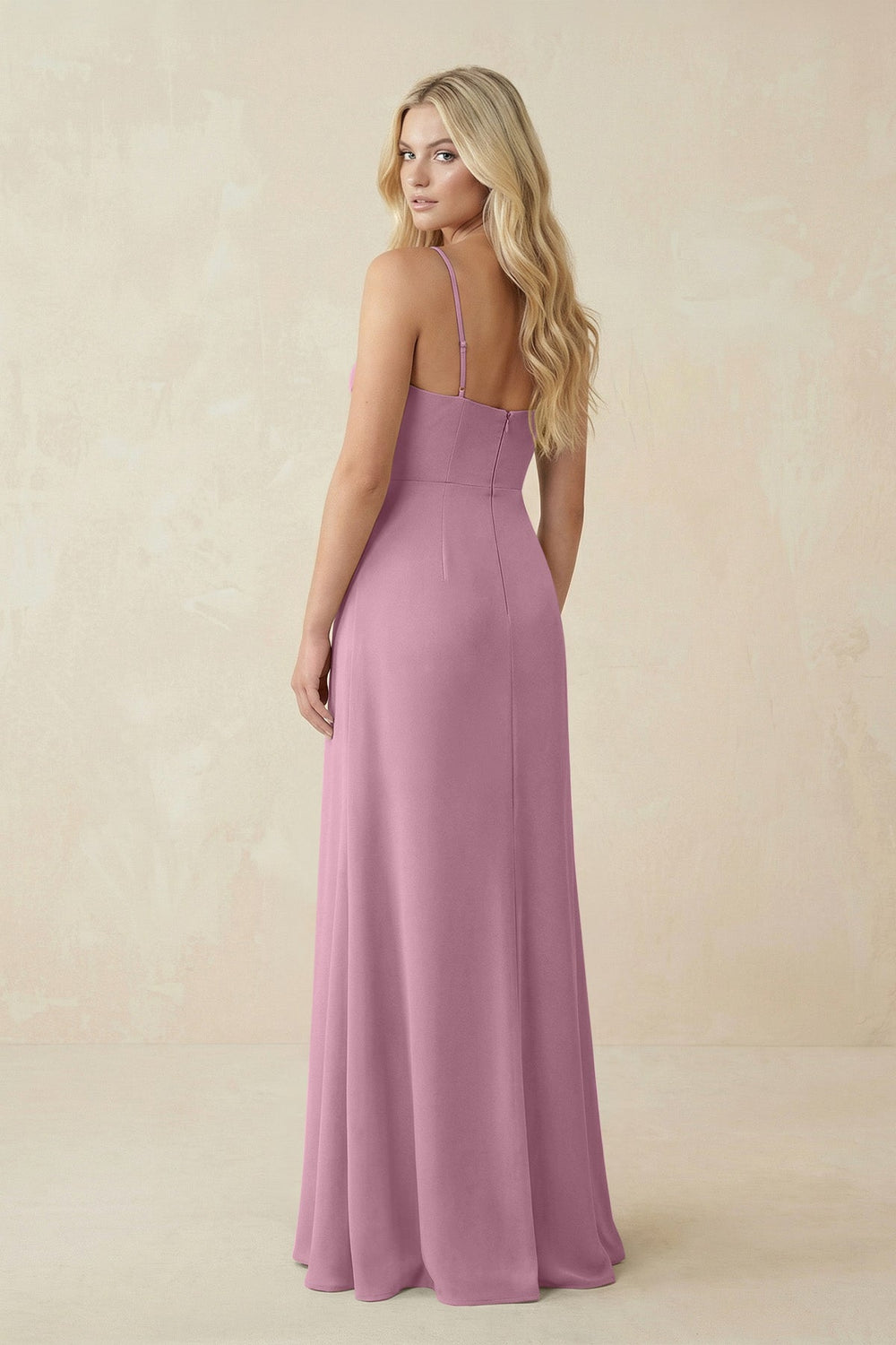 Ruched Sheath Spaghetti Strap Chiffon Bridesmaid Dress in Vintage Mauve - KISS BRIDAL BRIDESMAID DRESSES
