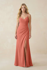 Ruched Sheath Spaghetti Strap Chiffon Bridesmaid Dress in Wild Rose - KISS BRIDAL BRIDESMAID DRESSES