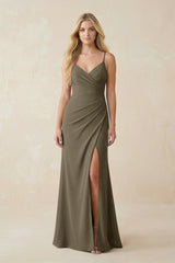 Ruched Sheath Spaghetti Strap Chiffon Bridesmaid Dress in Willow Green - KISS BRIDAL BRIDESMAID DRESSES