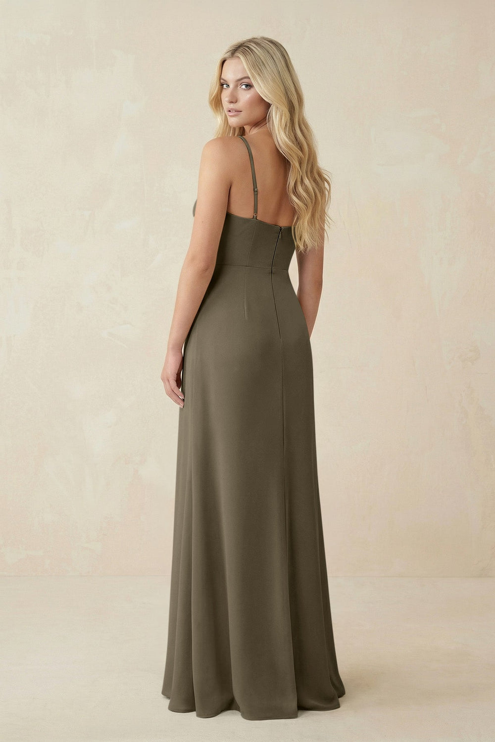 Ruched Sheath Spaghetti Strap Chiffon Bridesmaid Dress in Willow Green - KISS BRIDAL BRIDESMAID DRESSES
