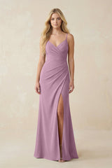 Ruched Sheath Spaghetti Strap Chiffon Bridesmaid Dress in Wisteria - KISS BRIDAL BRIDESMAID DRESSES
