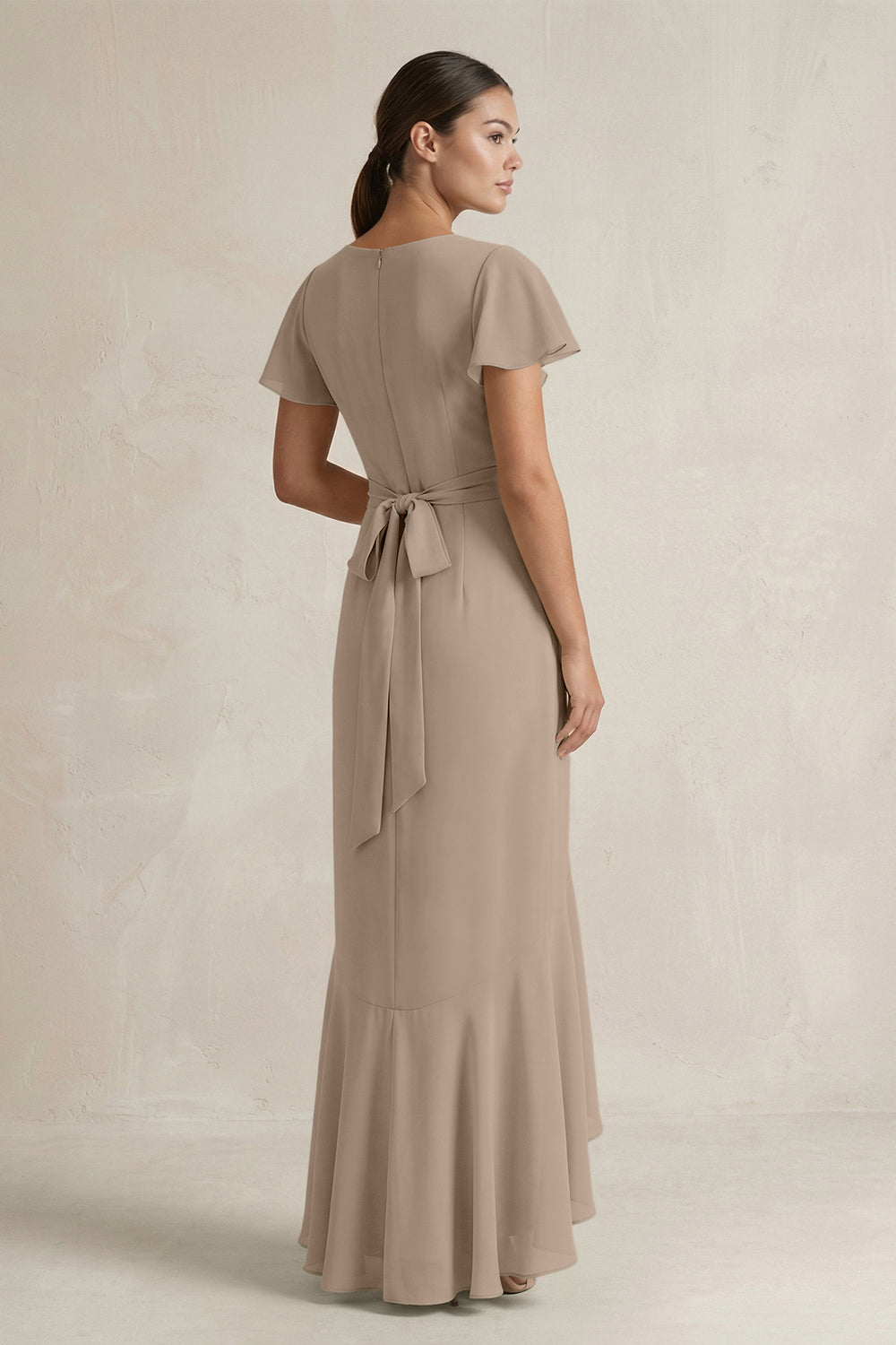 Rufffled V-Neck Sheath Chiffon Bridesmaid Dress in Almond