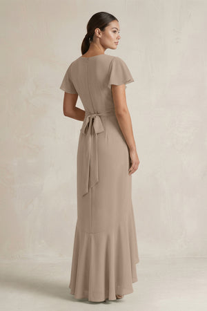Rufffled V-Neck Sheath Chiffon Bridesmaid Dress in Almond (2) | KISSBRIDAL