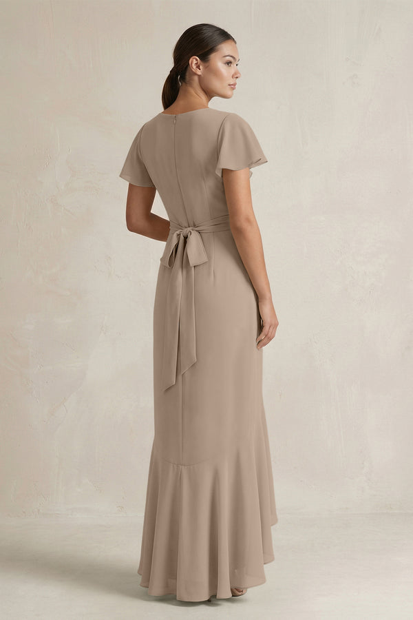 Rufffled V-Neck Sheath Chiffon Bridesmaid Dress in Almond (2) | KISSBRIDAL