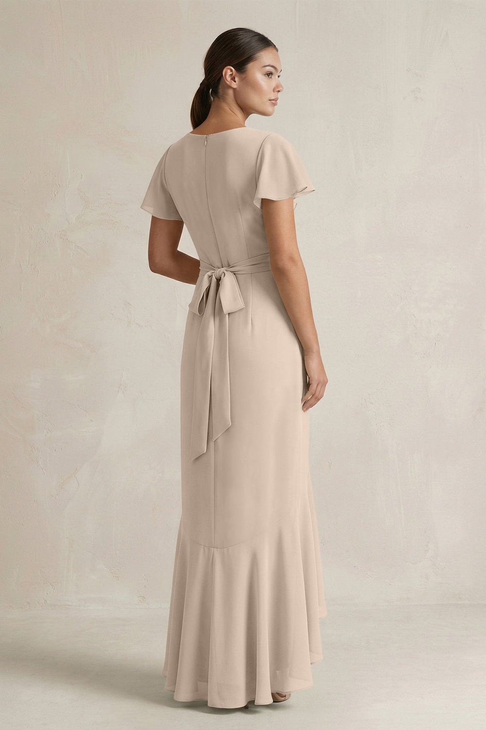 Rufffled V - Neck Sheath Chiffon Bridesmaid Dress in Almond - KISS BRIDAL Bridesmaid Dresses