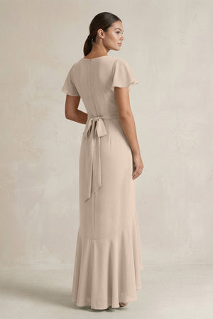 Rufffled V - Neck Sheath Chiffon Bridesmaid Dress in Almond - SHE IS ME Bridesmaid Dresses