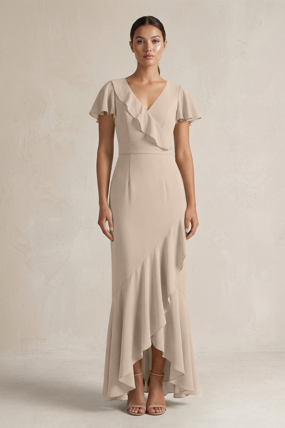 Rufffled V - Neck Sheath Chiffon Bridesmaid Dress in Almond - KISS BRIDAL Bridesmaid Dresses