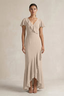 Rufffled V - Neck Sheath Chiffon Bridesmaid Dress in Almond - SHE IS ME Bridesmaid Dresses