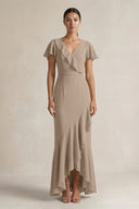 Rufffled V-Neck Sheath Chiffon Bridesmaid Dress in Almond | KISSBRIDAL