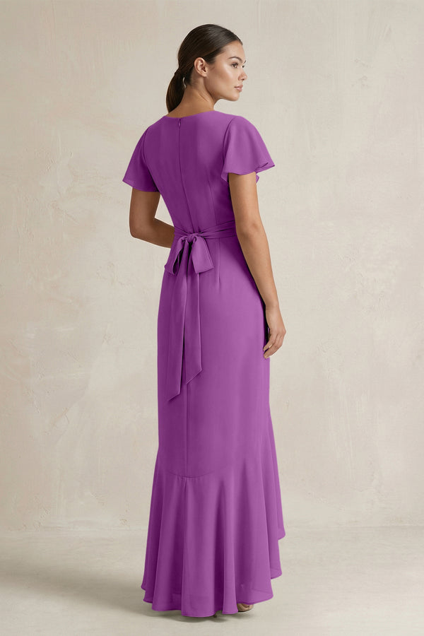 Rufffled V - Neck Sheath Chiffon Bridesmaid Dress in Amethyst - SHE IS ME Bridesmaid Dresses