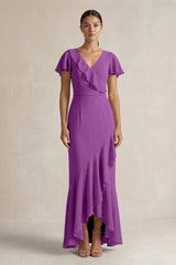 Rufffled V - Neck Sheath Chiffon Bridesmaid Dress in Amethyst - KISS BRIDAL Bridesmaid Dresses