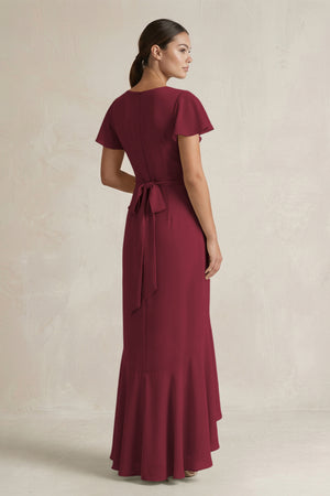 Rufffled V-Neck Sheath Chiffon Bridesmaid Dress in Berry (2) | KISSBRIDAL