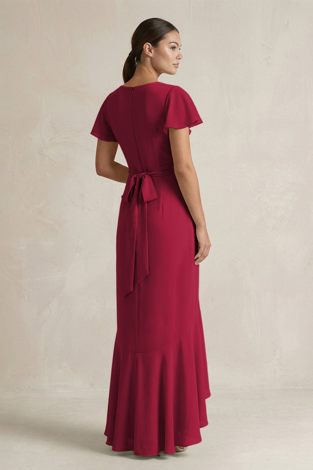 Rufffled V - Neck Sheath Chiffon Bridesmaid Dress in Berry - KISS BRIDAL Bridesmaid Dresses