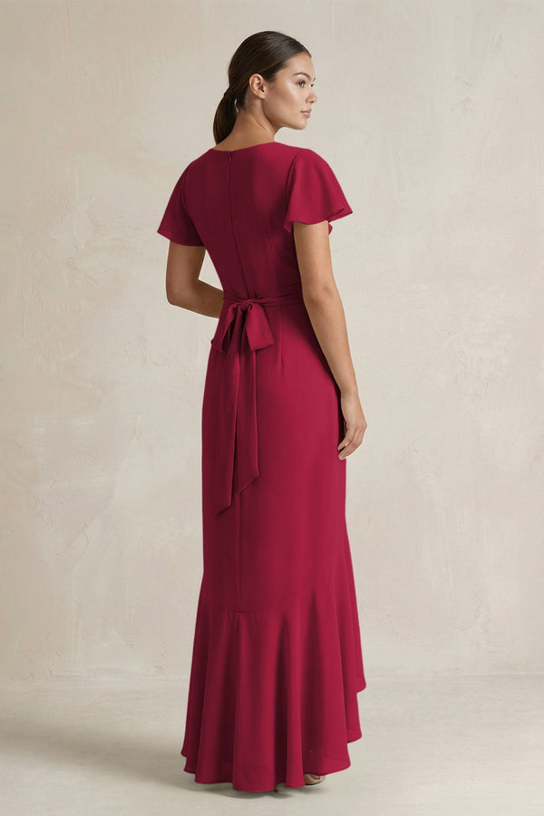 Rufffled V - Neck Sheath Chiffon Bridesmaid Dress in Berry - SHE IS ME Bridesmaid Dresses