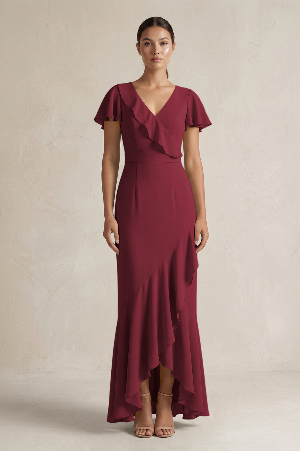 Rufffled V-Neck Sheath Chiffon Bridesmaid Dress in Berry