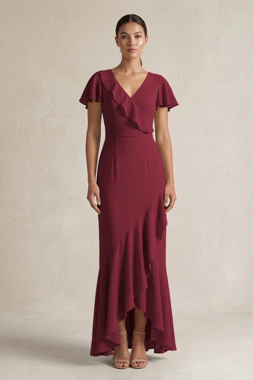 Rufffled V-Neck Sheath Chiffon Bridesmaid Dress in Berry | KISSBRIDAL