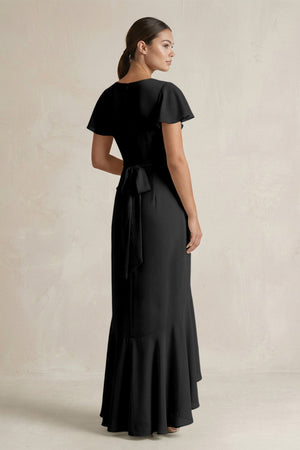 Rufffled V - Neck Sheath Chiffon Bridesmaid Dress in Black - SHE IS ME Bridesmaid Dresses
