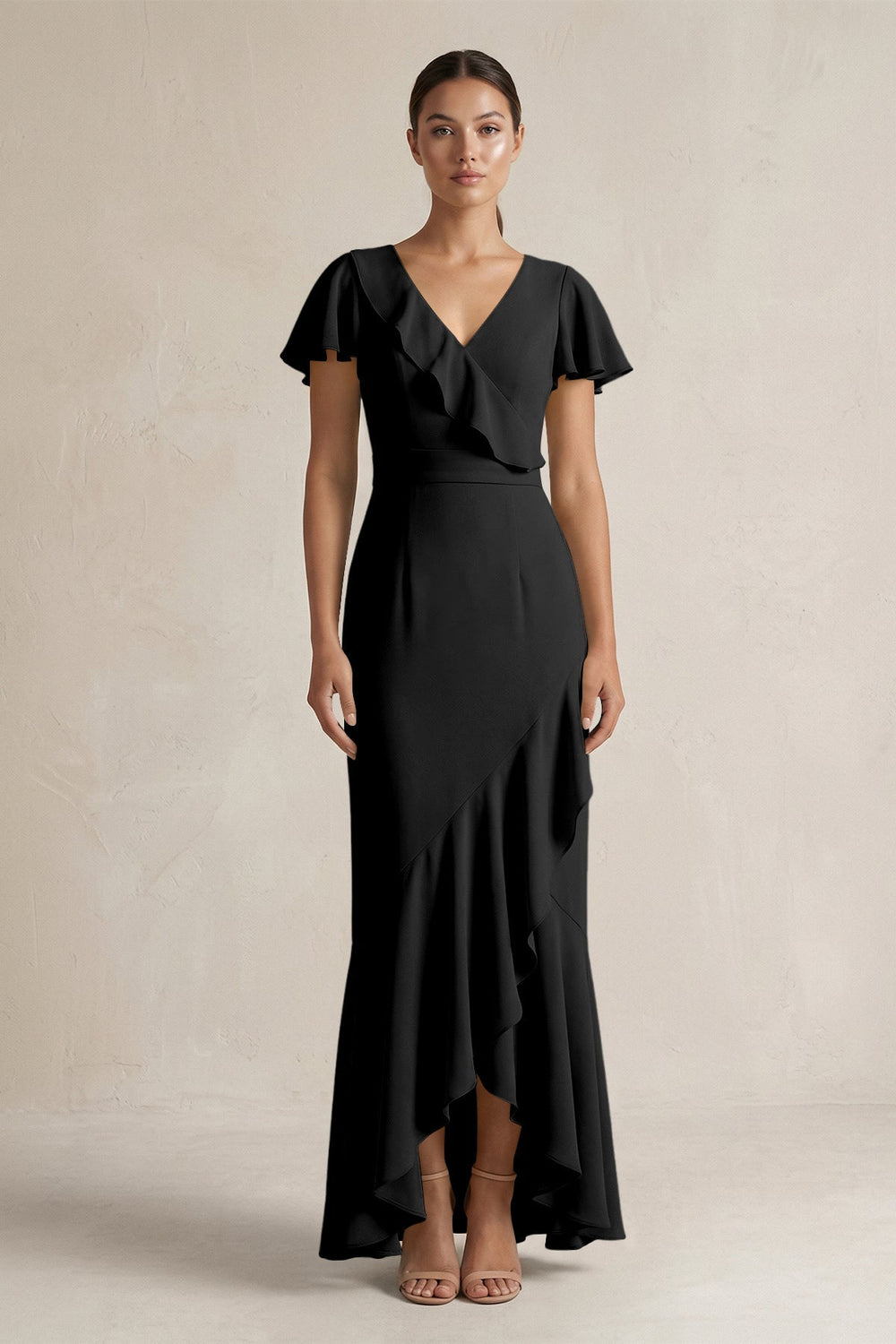 Rufffled V - Neck Sheath Chiffon Bridesmaid Dress in Black - KISS BRIDAL Bridesmaid Dresses