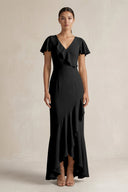 Rufffled V - Neck Sheath Chiffon Bridesmaid Dress in Black - SHE IS ME Bridesmaid Dresses
