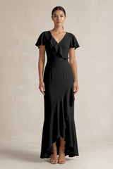 Rufffled V - Neck Sheath Chiffon Bridesmaid Dress in Black - KISS BRIDAL Bridesmaid Dresses