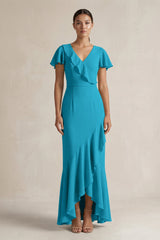 Rufffled V - Neck Sheath Chiffon Bridesmaid Dress in Blue Jay - KISS BRIDAL Bridesmaid Dresses