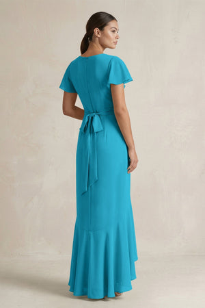 Rufffled V - Neck Sheath Chiffon Bridesmaid Dress in Blue Jay - SHE IS ME Bridesmaid Dresses