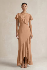 Rufffled V - Neck Sheath Chiffon Bridesmaid Dress in Bronzer - KISS BRIDAL Bridesmaid Dresses
