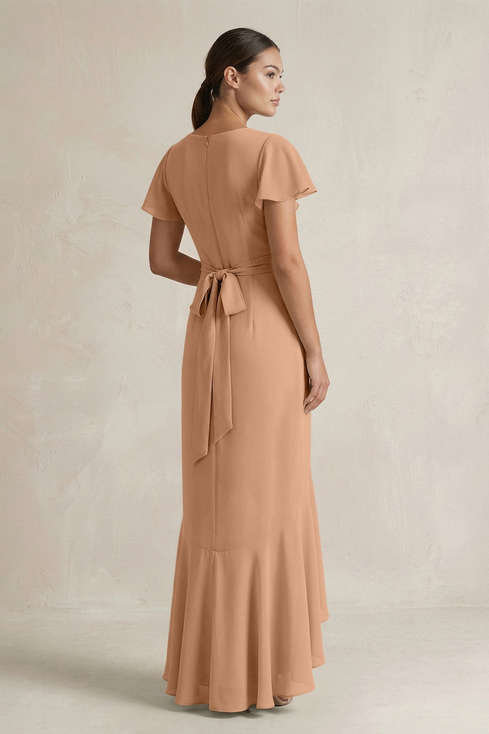 Rufffled V - Neck Sheath Chiffon Bridesmaid Dress in Bronzer - KISS BRIDAL Bridesmaid Dresses