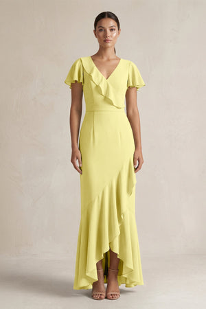 Rufffled V - Neck Sheath Chiffon Bridesmaid Dress in Buttercup - SHE IS ME Bridesmaid Dresses