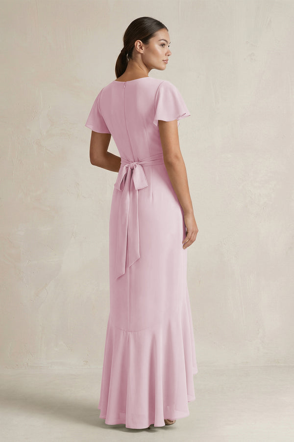 Rufffled V-Neck Sheath Chiffon Bridesmaid Dress in Candy Pink (2) | KISSBRIDAL