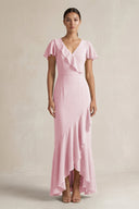 Rufffled V - Neck Sheath Chiffon Bridesmaid Dress in Candy Pink - SHE IS ME Bridesmaid Dresses