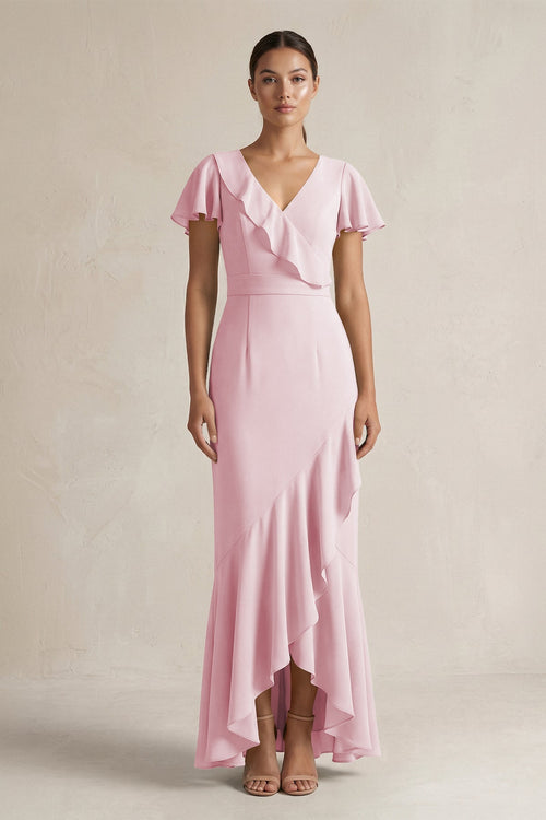 Rufffled V - Neck Sheath Chiffon Bridesmaid Dress in Candy Pink - SHE IS ME Bridesmaid Dresses