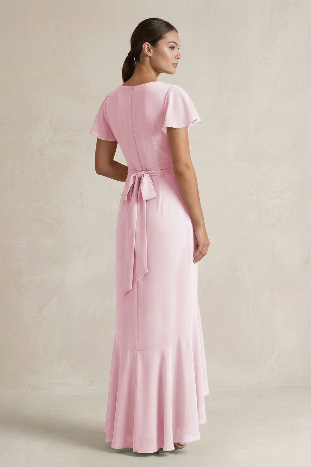 Rufffled V - Neck Sheath Chiffon Bridesmaid Dress in Candy Pink - KISS BRIDAL Bridesmaid Dresses
