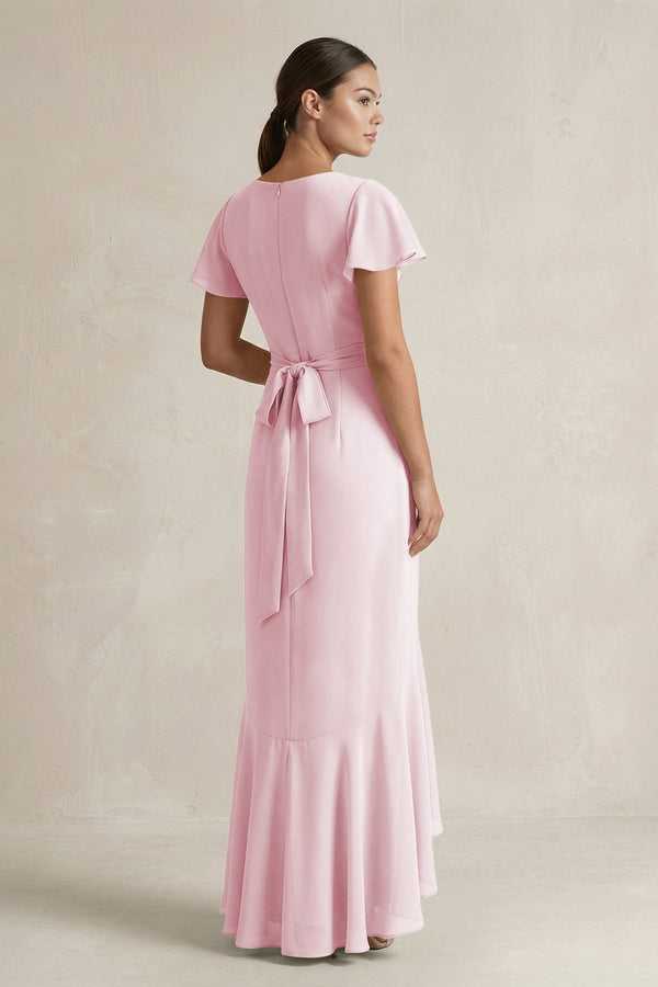 Rufffled V - Neck Sheath Chiffon Bridesmaid Dress in Candy Pink - SHE IS ME Bridesmaid Dresses