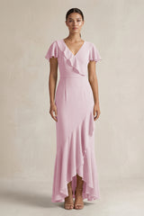 Rufffled V-Neck Sheath Chiffon Bridesmaid Dress in Candy Pink | KISSBRIDAL