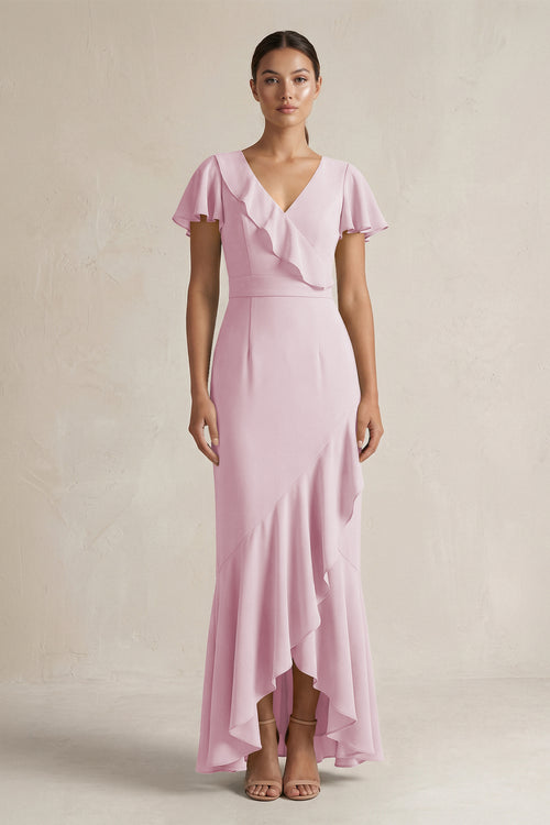 Rufffled V-Neck Sheath Chiffon Bridesmaid Dress in Candy Pink | KISSBRIDAL