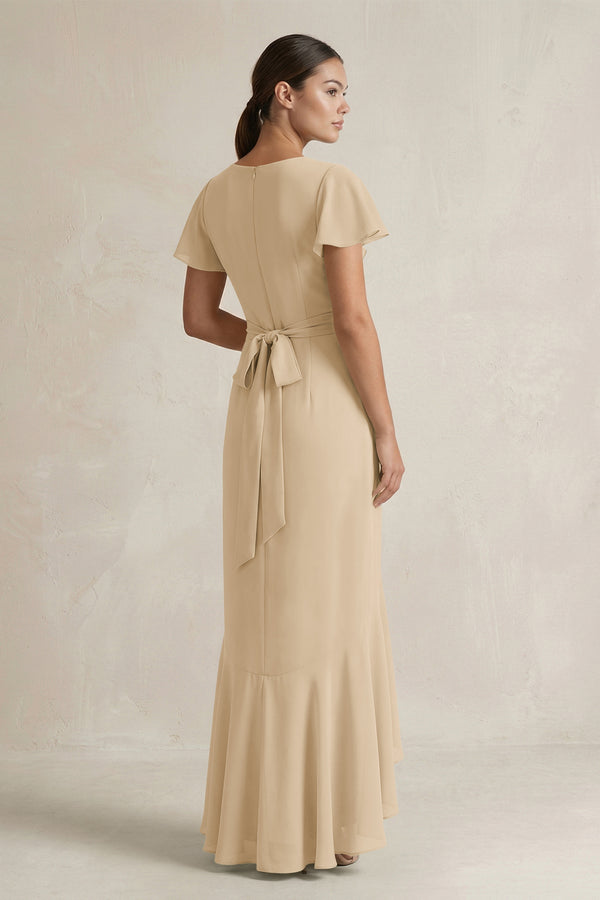 Rufffled V-Neck Sheath Chiffon Bridesmaid Dress in Champagne (2) | KISSBRIDAL