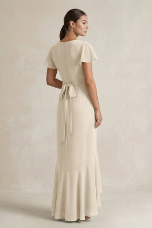 Rufffled V - Neck Sheath Chiffon Bridesmaid Dress in Champagne - SHE IS ME Bridesmaid Dresses
