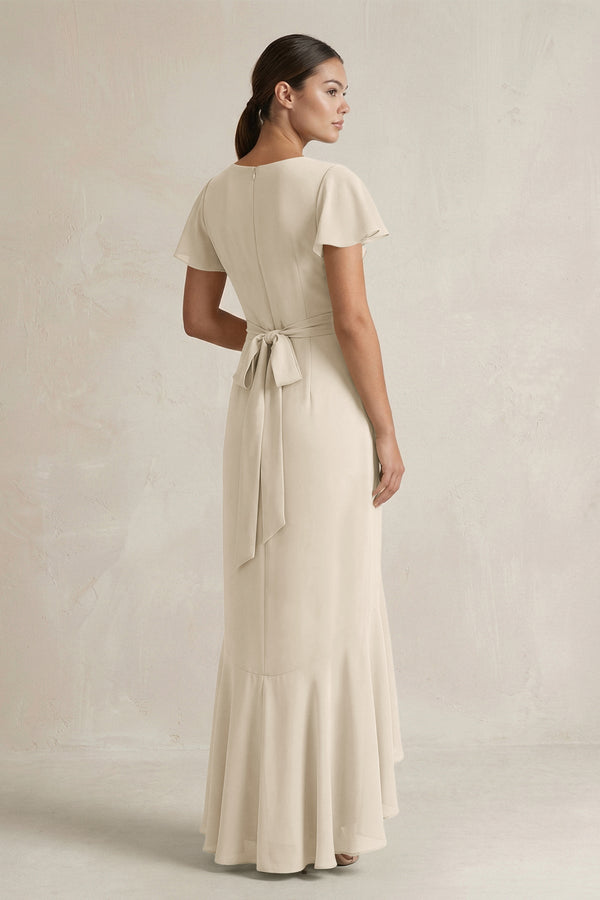 Rufffled V - Neck Sheath Chiffon Bridesmaid Dress in Champagne - SHE IS ME Bridesmaid Dresses