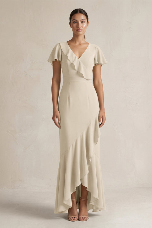 Rufffled V - Neck Sheath Chiffon Bridesmaid Dress in Champagne - SHE IS ME Bridesmaid Dresses