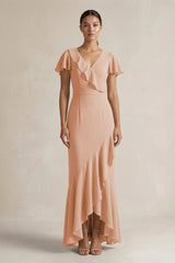 Rufffled V - Neck Sheath Chiffon Bridesmaid Dress in Champagne Rose - KISS BRIDAL Bridesmaid Dresses