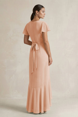 Rufffled V - Neck Sheath Chiffon Bridesmaid Dress in Champagne Rose - SHE IS ME Bridesmaid Dresses