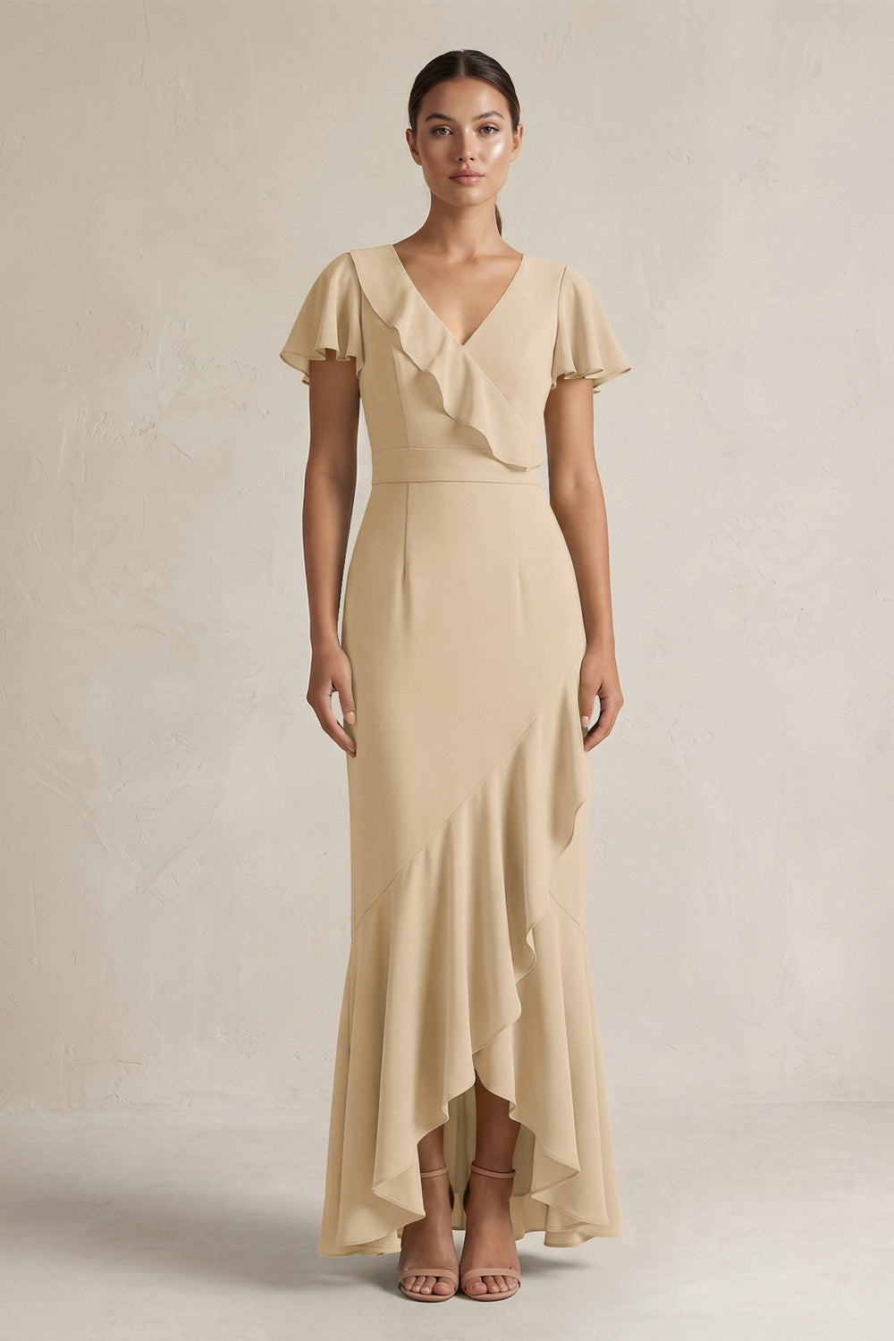 Rufffled V-Neck Sheath Chiffon Bridesmaid Dress in Champagne